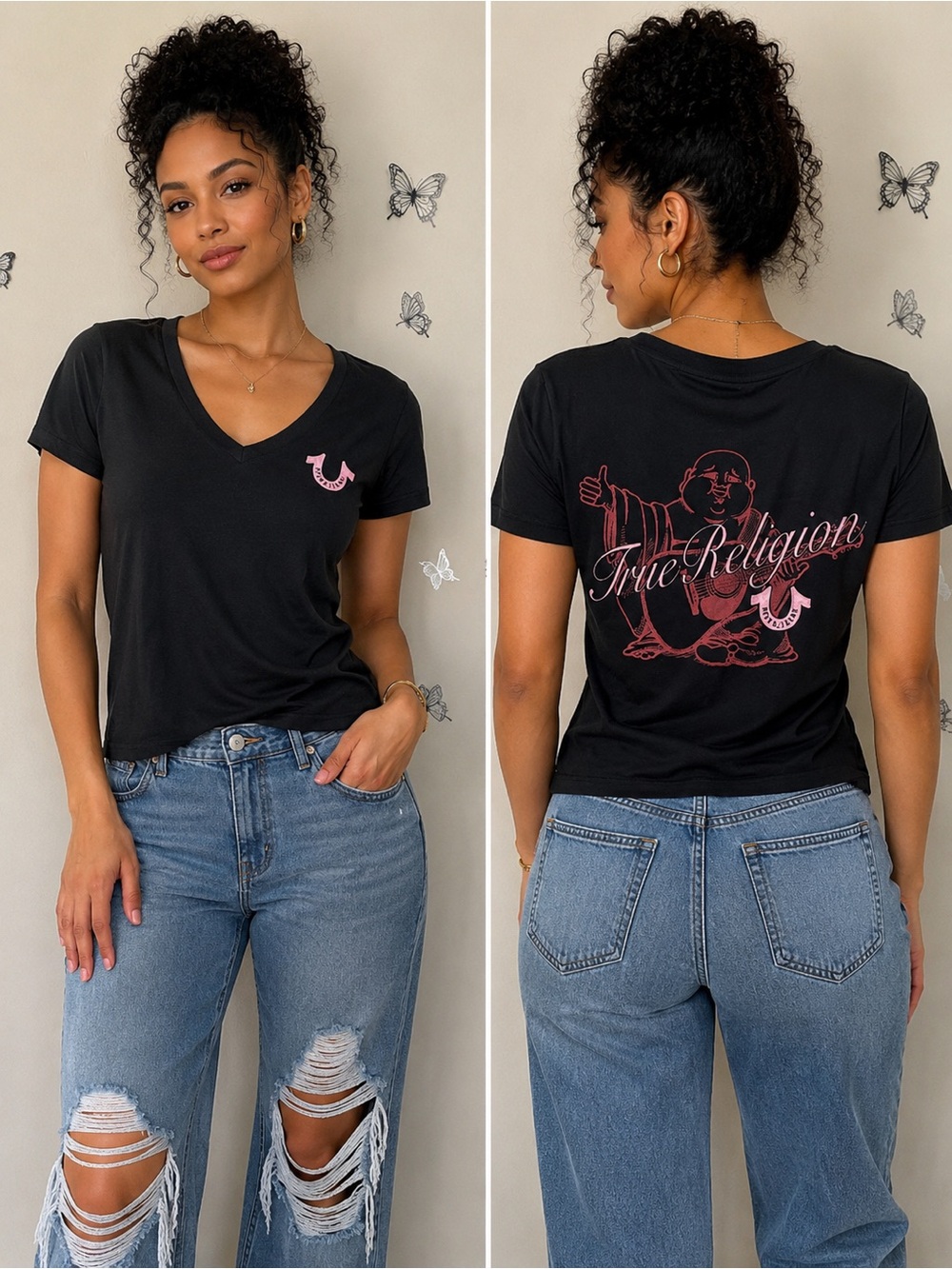 True Religion Black V-Neck Tee with Pink Logo Back Graphic
